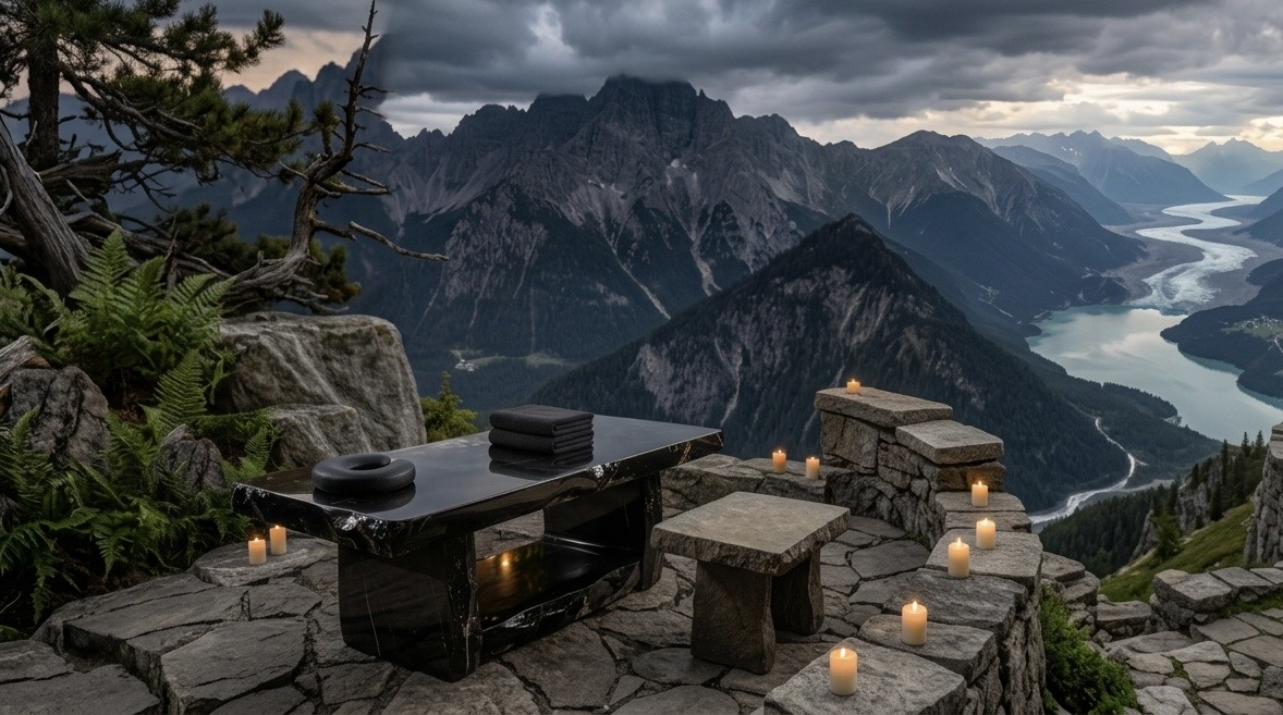 Obsidian massage table prepared against a mountain landscape